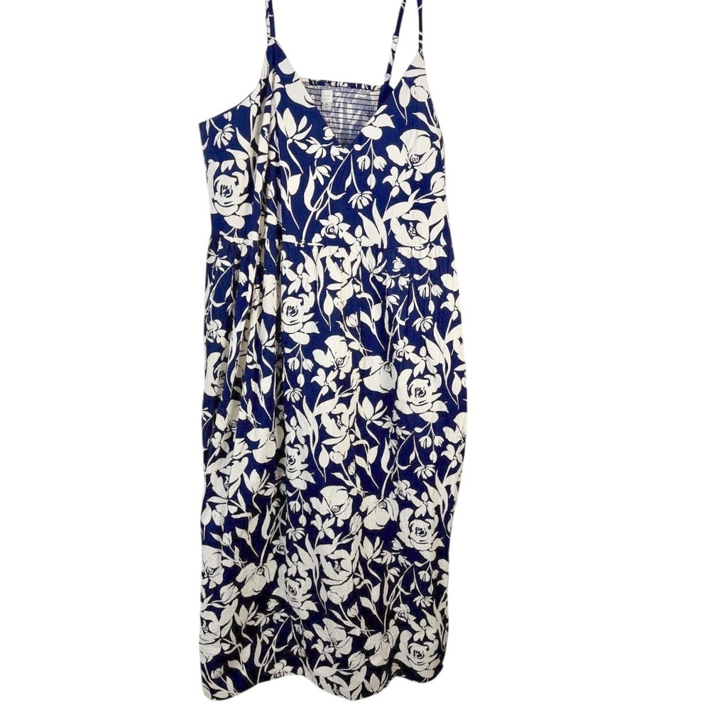 A‎ New Day Floral Midi Dress Womens 4X Navy Blue White Smocked Pockets Strappy